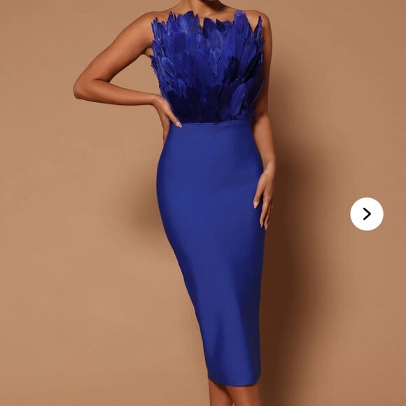 NWT Blue stretch feather dress, size M/L - Picture 2 of 6